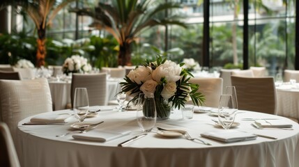 An elegantly arranged table in a luxurious restaurant with lush tropical plants creates a serene ambiance, perfect for fine dining experiences and memorable gatherings.