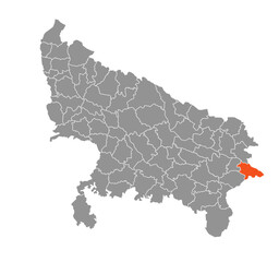 Ballia District Highlighted in Uttar Pradesh State Map of India