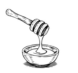 Honeycomb Delight: A hand-drawn line art illustration of a wooden honey dipper pouring honey into a rustic bowl, showcasing the golden sweetness and simple elegance.