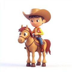 Cartoon character dressed as cowboy riding a cheerful horse in a playful style with bright colors and simple shapes