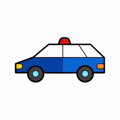 Fototapeta premium Blue cartoon police car with red siren and black wheels vehicle law enforcement