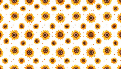 Repeating pattern of small, stylized sunflowers on a white background, with tiny brown dots interspersed