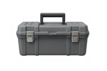 Studio shot of closed grey tool box with metal latches and black handle isolated on transparent background