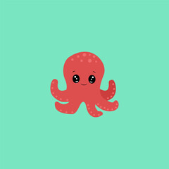 Cute kawaii smiling octopus cartoon with turquoise background.