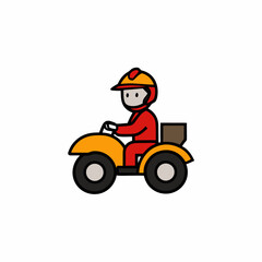 Fototapeta premium Cartoon delivery driver in red suit riding yellow A T V with brown cargo box all terrain vehicle courier