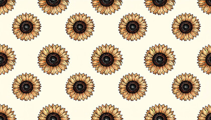 A repeating pattern of stylized sunflowers on a creamy white background.  The sunflowers are drawn with dark brown centers and varying shades of tan and gold petals, creating a warm, autumnal feel