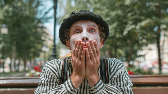 mime artist expressing emotions with silent gestures in urban park