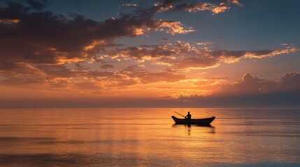 minimalist sunset seascape, single fishing boat silhouette drifting on a vast golden ocean