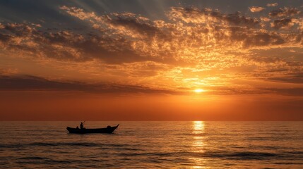 minimalist sunset seascape, single fishing boat silhouette drifting on a vast golden ocean