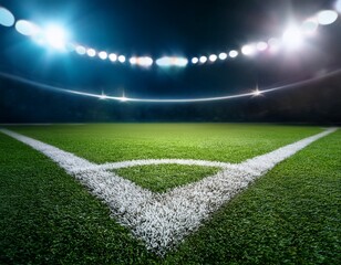 Obraz premium close up soccer field lines background soccer pitch grass football stadium ground view grass macro in sports arena with lights background