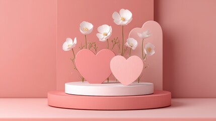 display podium with pink heart and flowers. minimal pink background