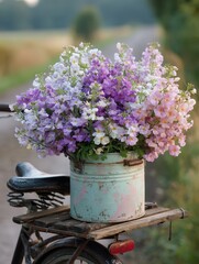 Nemesia in a pastel-painted tin bucket, placed on a vintage bike basket, countryside road