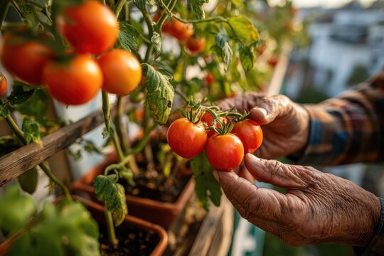 Senior man's weathered hands carefully inspecting ripe cherry tomatoes in pots, showcasing a sustainable urban gardening approach in a sunny setting, harvest season.