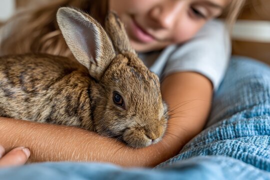 Close up of a young girl cuddling her adorable brown bunny with love and affection, showcasing a tender moment, soft fur, and peaceful connection between child and pet.