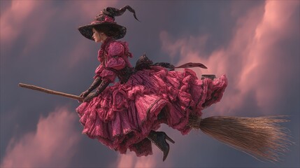 witch who wears a bright pink ballgown with black hob nail boots and black pointy hat, flying on the broom stick