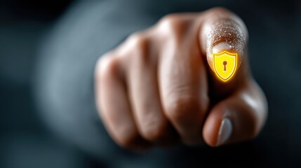 One hand with one finger pointing a cyber security and data protection shield on the internet