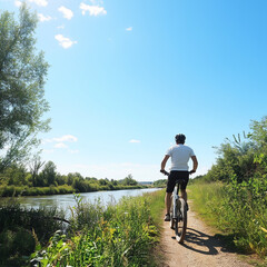 Bicyclist riding along a scenic riverside path on a sunny day in summer