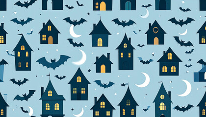 A repeating pattern of dark houses, crescent moons, and bats on a light-blue background. Simple, flat design style