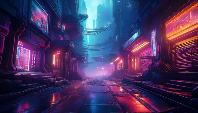 dark street in cyberpunk city gloomy alley with neon lighting