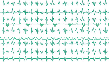 Repeating teal EKG heart-rate monitor lines interspersed with small teal hearts on a white background, creating a rhythmic and calming pattern