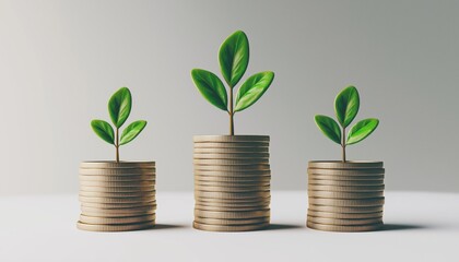 Money Plant Thriving On Top Of A Pile Of Coins As A Representation Of Prosperity And Financial Achievement. Success Through Money Plant Growth On Coins.Stack.