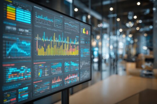 Monitor displaying complex data analytics and charts in a modern office.