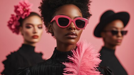 This image showcases trendy models in vibrant fashion statements, featuring bold sunglasses and elegant outfits against a striking pink backdrop, exuding confidence and style.