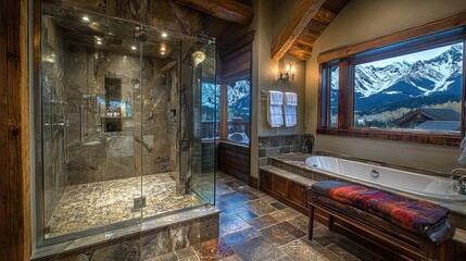 Luxurious bathroom with mountain view showcasing modern shower and bathtub during winter