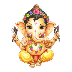 Baby Ganesh Isolated on Transparent PNG Background- Watercolour Art