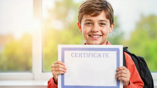 Schoolboy smiling while holding a certificate in a bright classroom   - Powered by Adobe