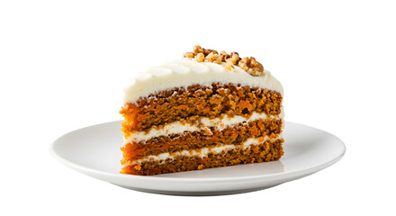 A beautifully layered carrot cake slice with cream cheese frosting on a white plate, showcasing its texture and garnish