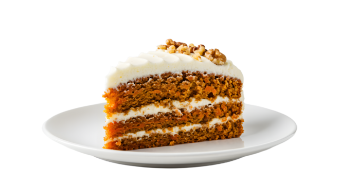 A beautifully layered carrot cake slice with cream cheese frosting on a white plate, showcasing its texture and garnish