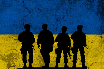 Flag of Ukraine painted on a grunge wall with soldiers shadows. Relationship between Ukraine and...