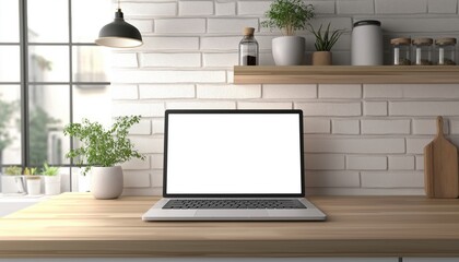 Empty Laptop Screen On Wooden Desk In Kitchen Home Office: A View Of Technology And Comfort In Your Home Setting.