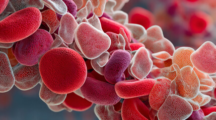 Detailed close-up of red blood cells showcasing their structure and interaction in human circulation