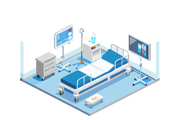 Modern hospital room interior with a patient bed medical equipment and monitoring screens in isometric view