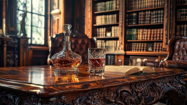 Elegant display of whiskey and literature in a classic library setting