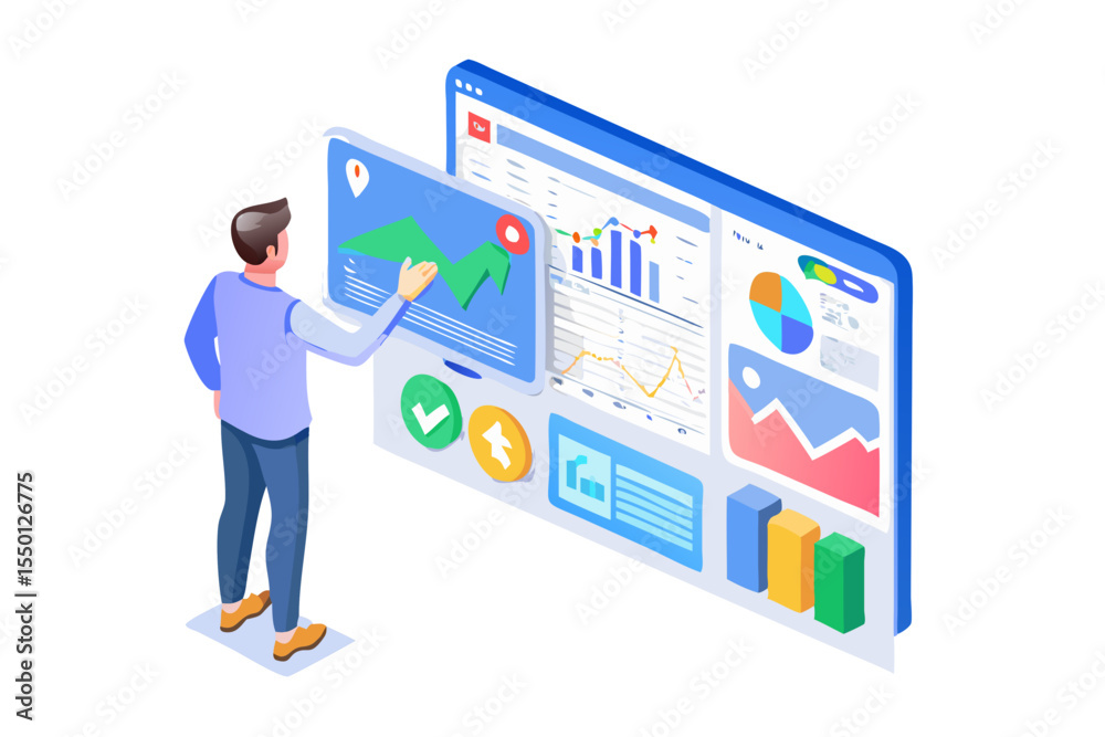 Poster man interacting with a digital dashboard displaying financial charts graphs and analytics for busine