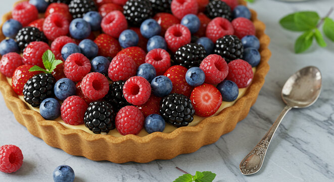 overhead shot of colorful mixed berry tart