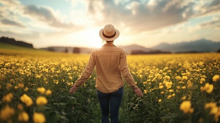 Fototapeta premium A woman with a straw hat strolls through a vibrant field of yellow flowers, embodying a sense of wonder, adventure, and connection to nature in a mesmerizing setting.