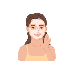 Young woman washing face with soap mousse, problematic skin treatment process. Skin care routine concept. Dermatology medical help method. Flat vector illustration