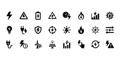 Electricity and energy icon set. Vector glyph pictograms of lightning bolt, battery, plug, solar panel, wind turbine, power, renewable energy, electrical safety black silhouette illustration.