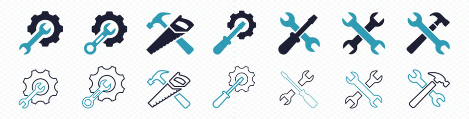 Service icons set. Wrench, screwdriver, and gear icon. 
Screwdriver and wrench glyph icon. Settings and repair, service sign
