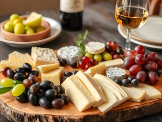 Various cheeses, olives and grapes, on a wooden cutting board.