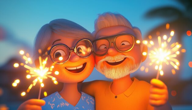 Seniors Ringing In The New Year Together At The Beach With Sparklers Lights In Close-Up View. Joyful Celebration. Beachside Festivities.