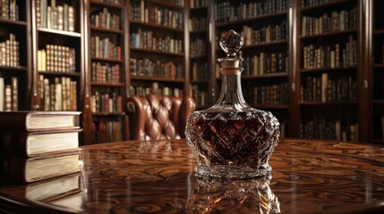 Elegant crystal decanter with rich amber liquid on a wooden table in a classic library setting