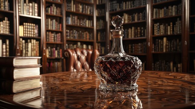 Elegant crystal decanter with rich amber liquid on a wooden table in a classic library setting