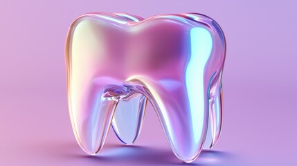 Colorful translucent tooth sculpture reflecting light against a gradient background