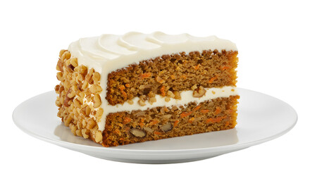 A delicious slice of carrot cake topped with cream cheese frosting and nuts served on a white plate, showcasing its layers
