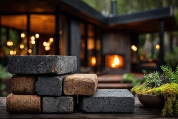 Textured dark and earthy bricks on wood, modern house fireplace glow.